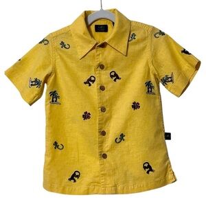 First Wave Boys Yellow Linen Blend Button Down Shirt Size 3 Embroidered